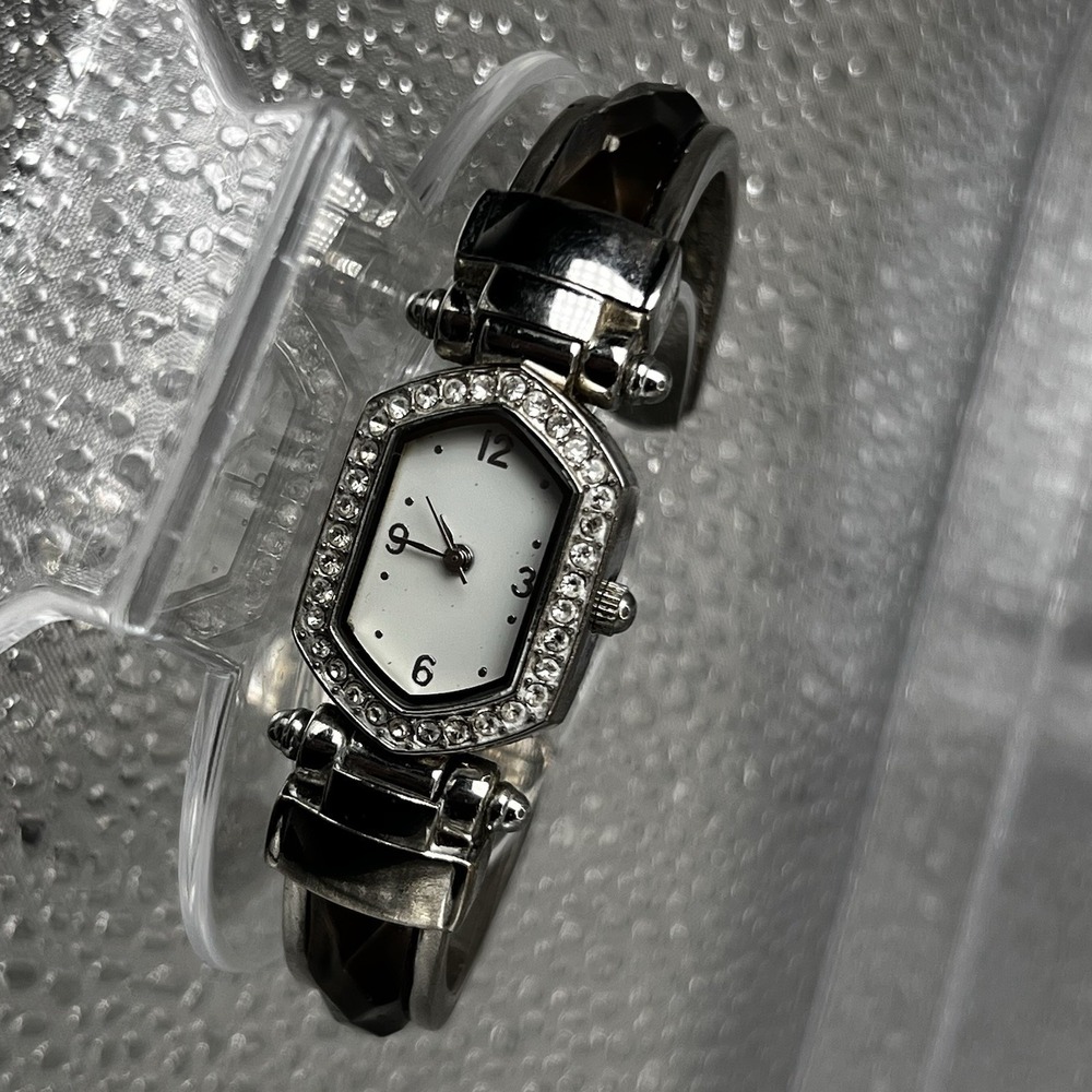 Vintage Tortoise Enamel White/Silver DIAL Women Bejeweled Cuff Rhinestone Watch